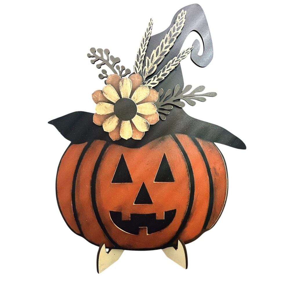 HALLOWEEN FLORAL PUMPKIN WITCH HAT DECOR WITH STAND TABLETOP FALL DECOR
